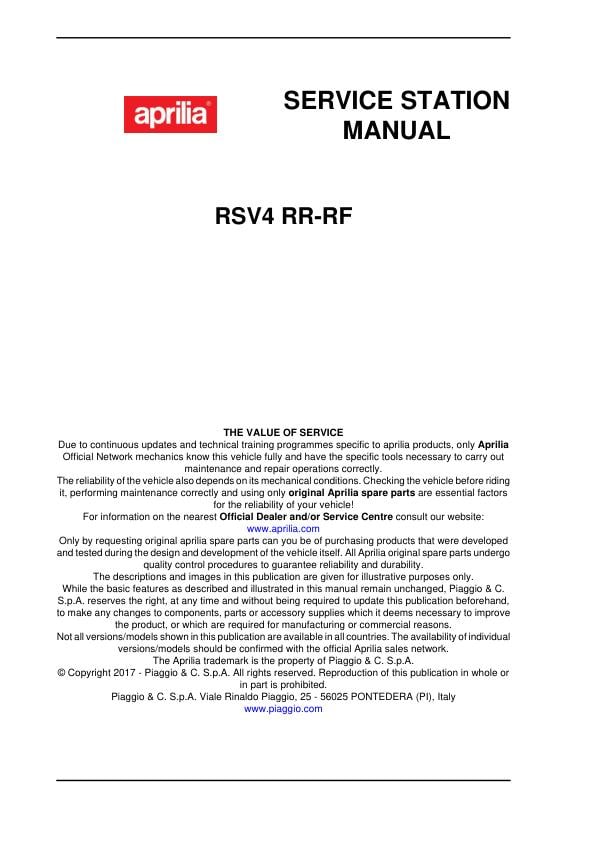 Aprilia RSV4 RR-RF Factory Service Manual table of contents