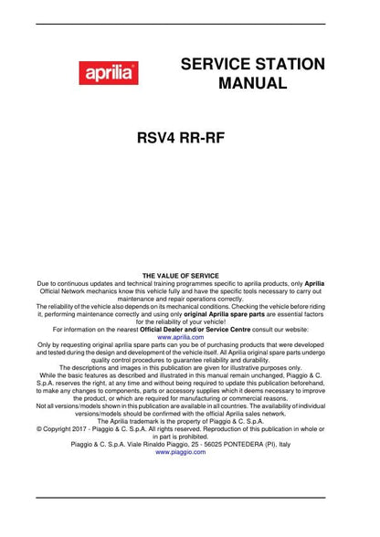 Aprilia RSV4 RR-RF Factory Service Manual table of contents