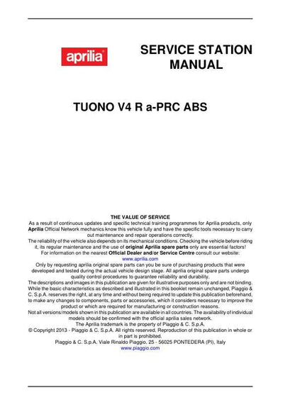 Aprilia Tuono V4 R a-PRC ABS Service Manual table of contents