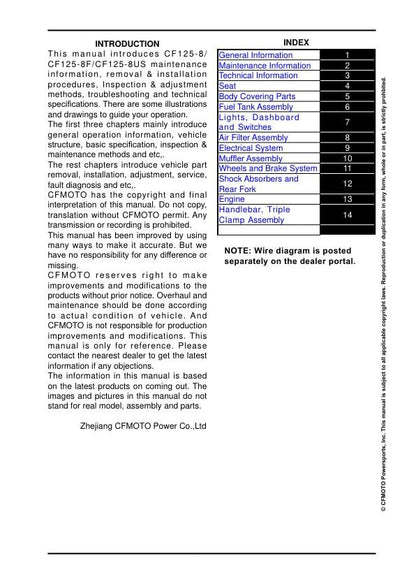 CFMOTO Papio SS Service Manual table of contents