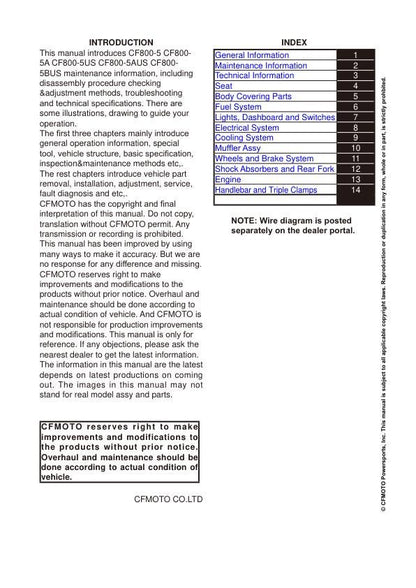 CFMOTO IBEX 800S 800T 800E Service Manual table of contents