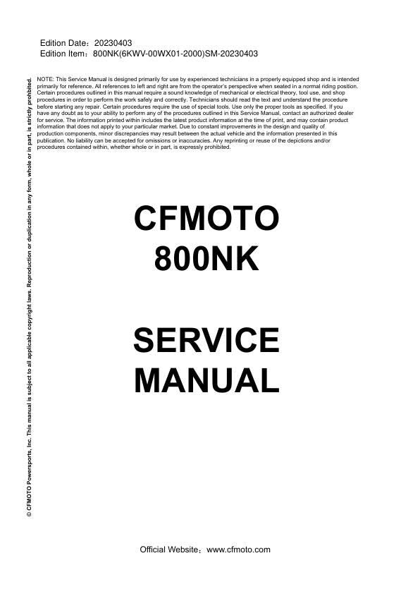 CFMOTO 800NK Service Manual factory service manual title page
