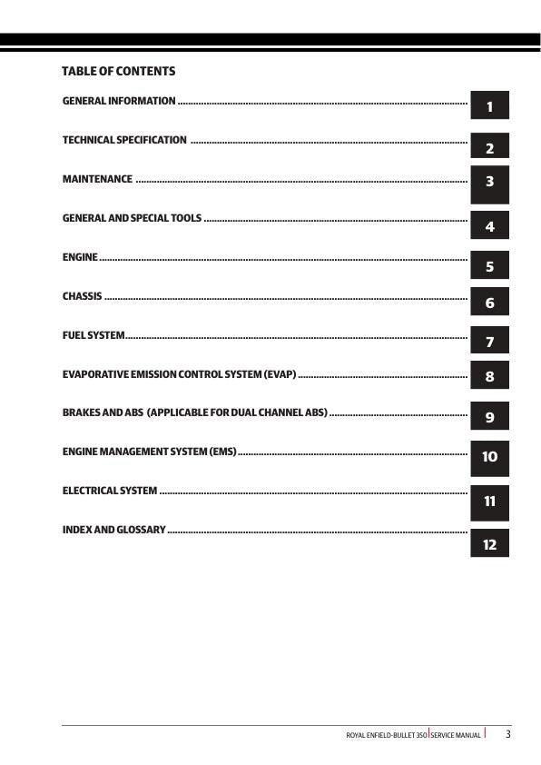 Royal Enfield Bullet 350 Motorcycle Service Manual table of contents