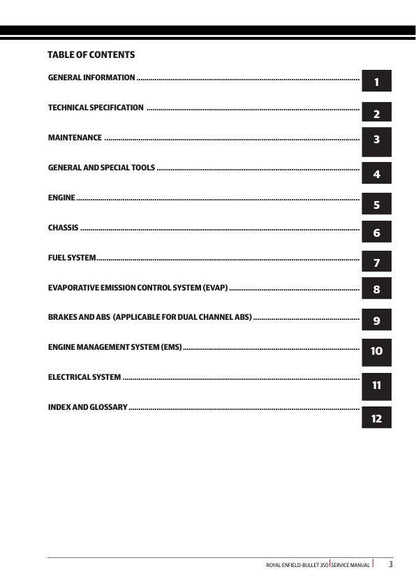 Royal Enfield Bullet 350 Motorcycle Service Manual table of contents