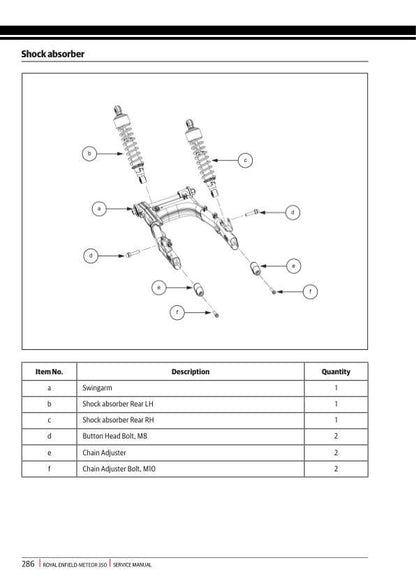 Royal Enfield Meteor 350 Motorcycle Service Manual sample page with technical illustrations