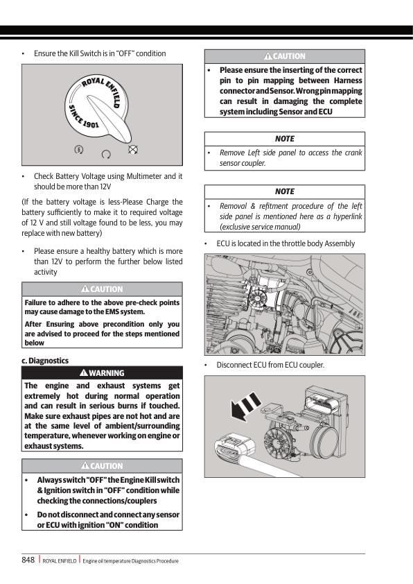 Royal Enfield Meteor 350 Motorcycle Service Manual sample page with service data and tables