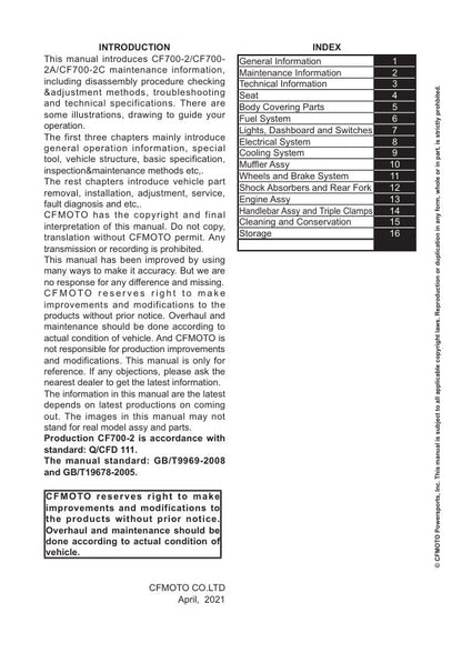 CFMOTO 700 Cl-x 700 - Cl-x sport Service Manual table of contents