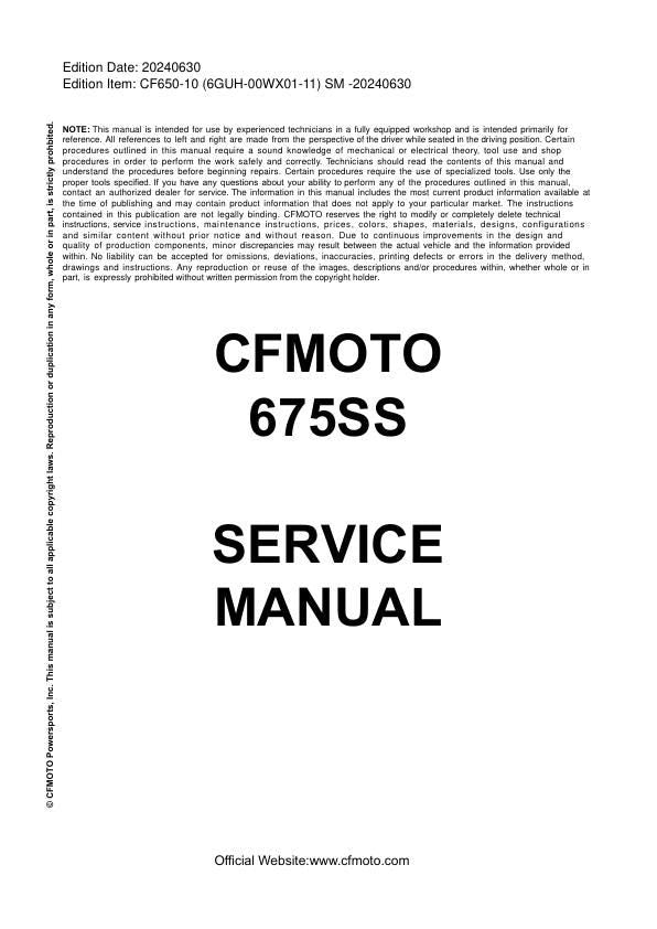 CFMOTO 675SS Service Manual factory service manual title page