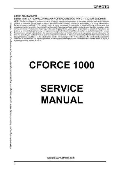 CFMOTO CFORCE 1000 Service Repair Manual factory service manual title page