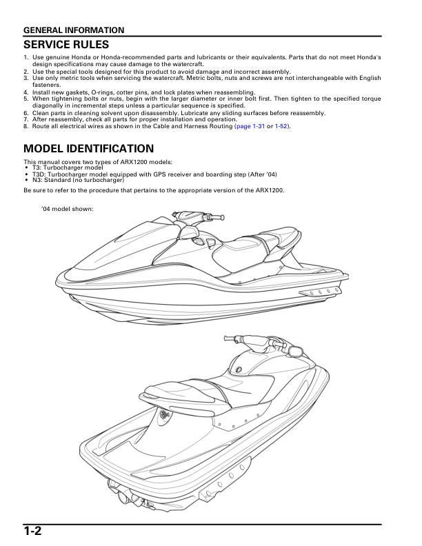 Honda Aquatrax F-12X ARX1200 T3 N3 T3D Service Manual table of contents