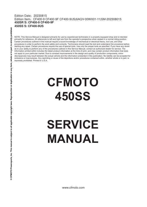 CFMOTO 450SS Service Manual factory service manual title page