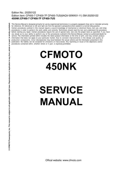 CFMOTO 450NK Service Manual factory service manual title page