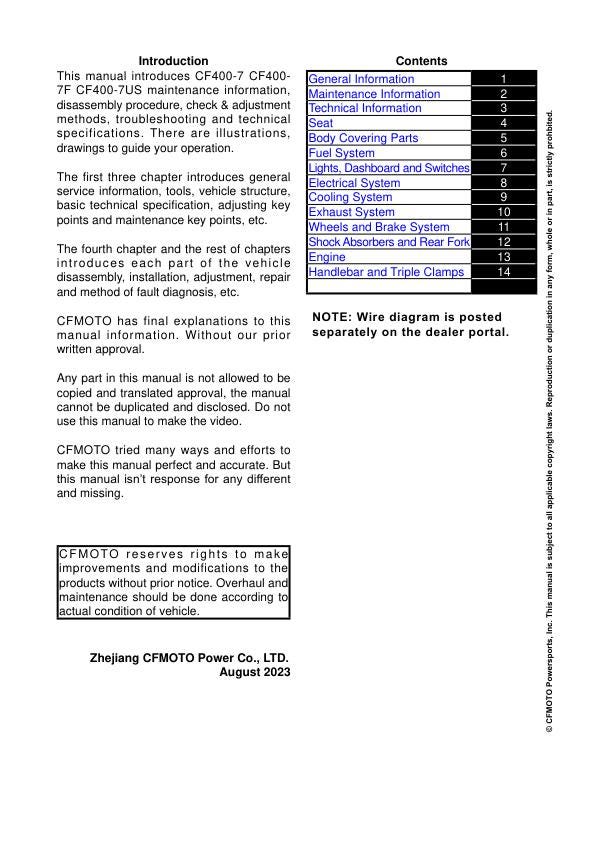 CFMOTO 450NK Service Manual table of contents