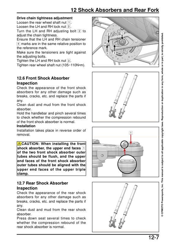 CFMOTO 450NK Service Manual sample page with service data and tables