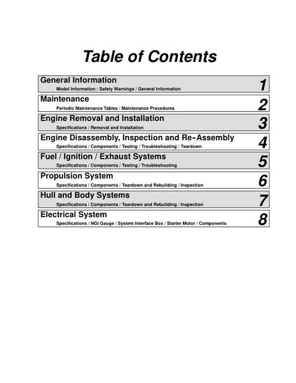 Polaris MSX110 MSX150 Service Manual table of contents