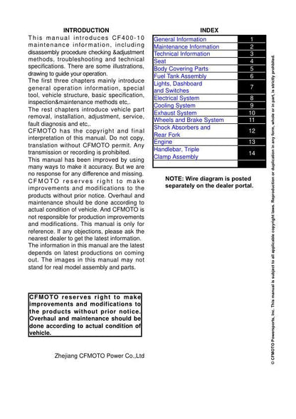 CFMOTO 450CL-C Service Manual table of contents