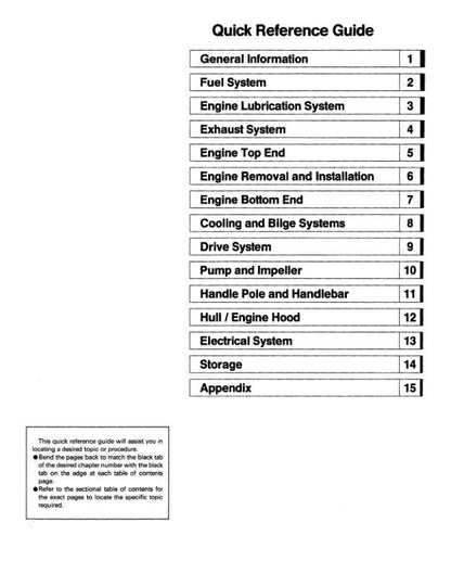 Kawasaki Jetski 750 SX SXi Pro Service Manual table of contents