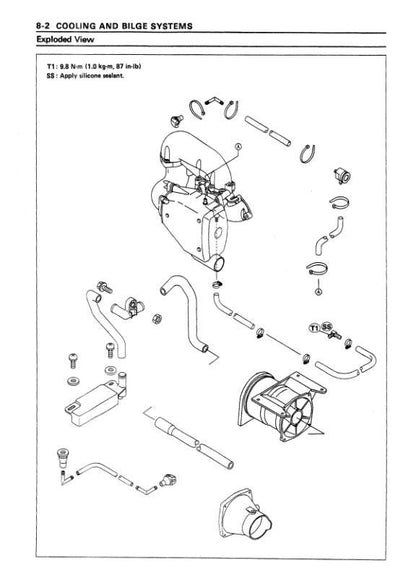 Kawasaki Jetski 750 SX SXi Pro Service Manual sample page with diagrams and specifications