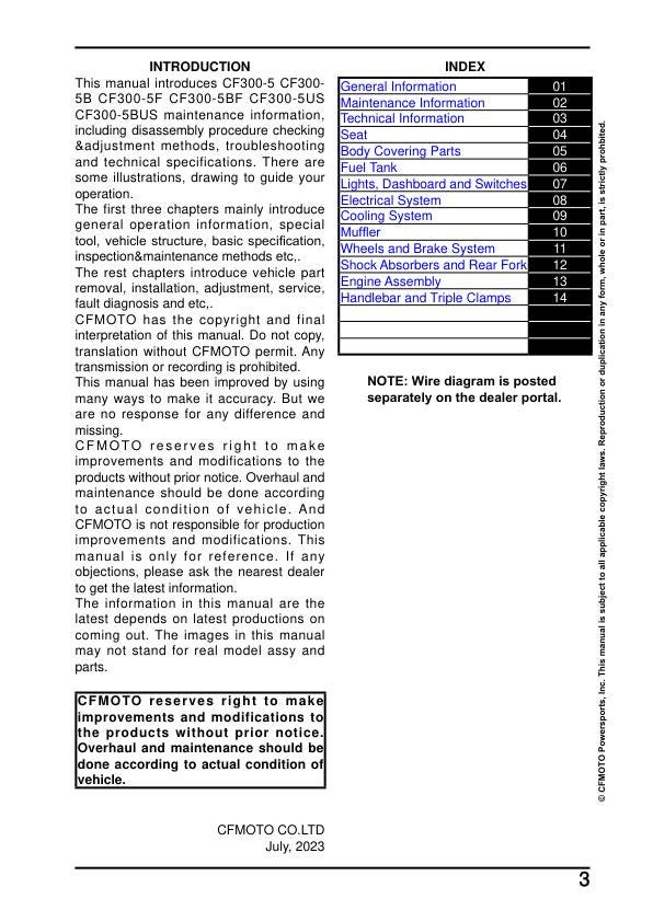 CFMOTO 300SS Service Manual table of contents
