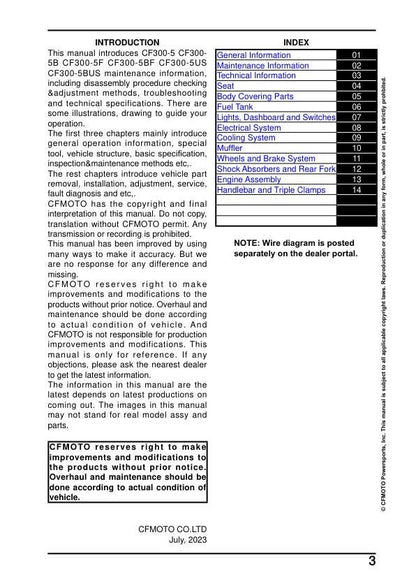 CFMOTO 300SS Service Manual table of contents