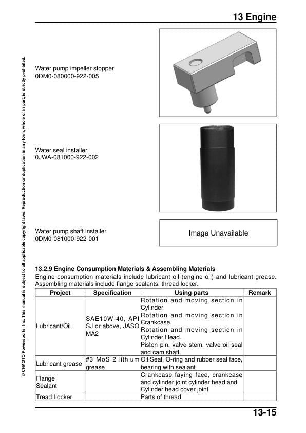CFMOTO 300SS Service Manual sample page with service data and tables