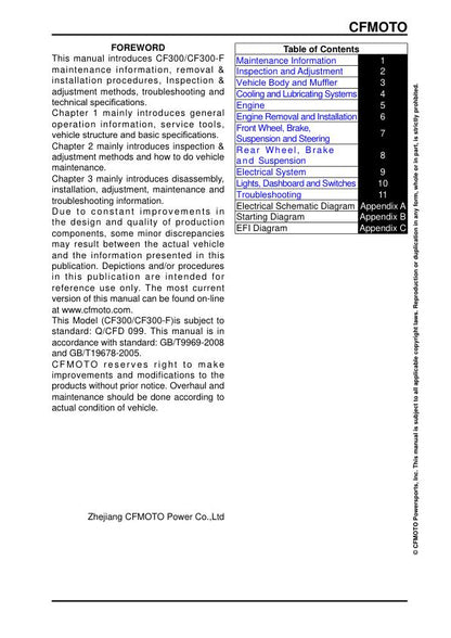 CFMOTO 300NK Service Manual table of contents