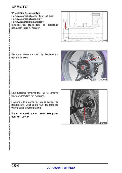 CFMOTO 300NK Service Manual sample page with service data and tables