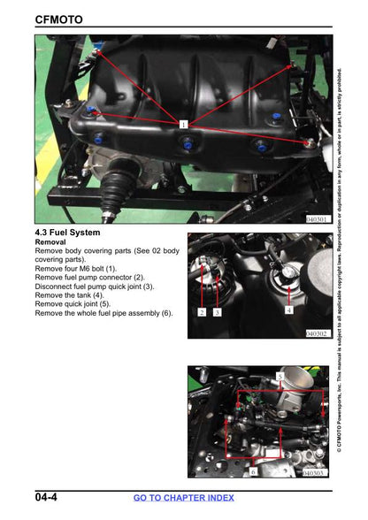 CFMOTO CFORCE 1000 Service Repair Manual sample page with diagrams and specifications