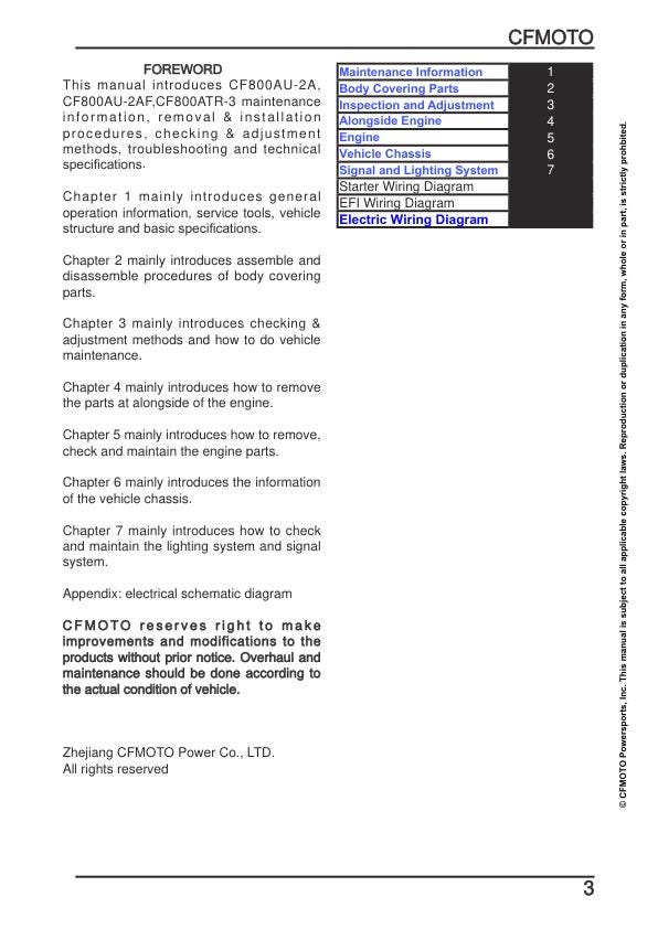 CFMOTO CFORCE CF80OXC Service Repair Manual table of contents
