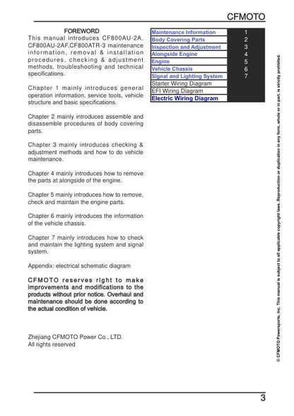 CFMOTO CFORCE CF80OXC Service Repair Manual table of contents
