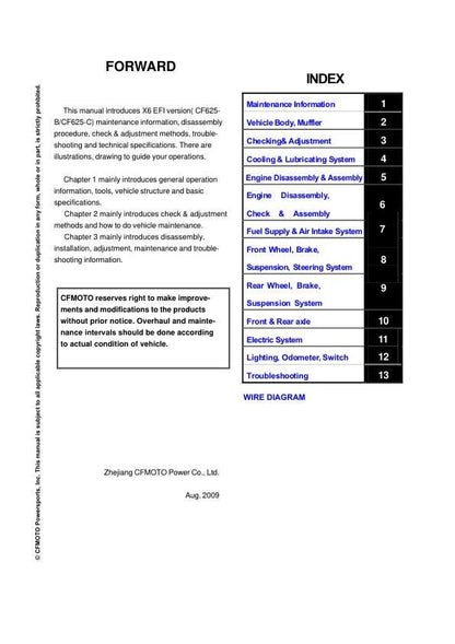 CFMOTO CFORCE CF625-B CF625-C Service Repair Manual table of contents