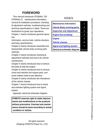 CFMOTO CFORCE 500S Service Repair Manual table of contents