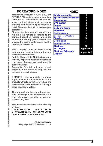 CFMOTO CFORCE 400 500 Service Repair Manual table of contents