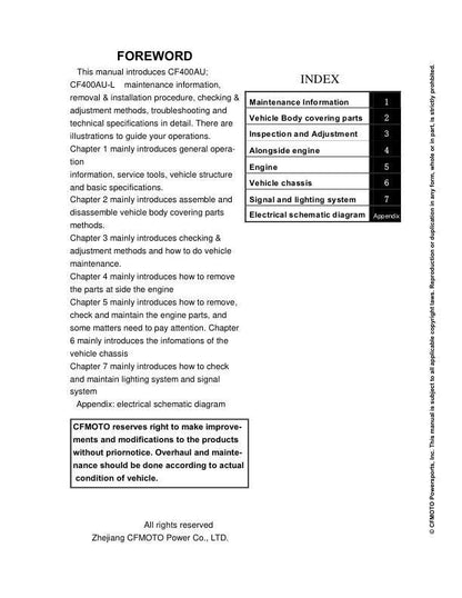 CFMOTO CFORCE 400 Service Repair Manual table of contents