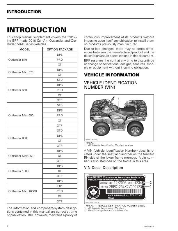 Can Am Outlander 570, 650 & 850 Service Manual table of contents