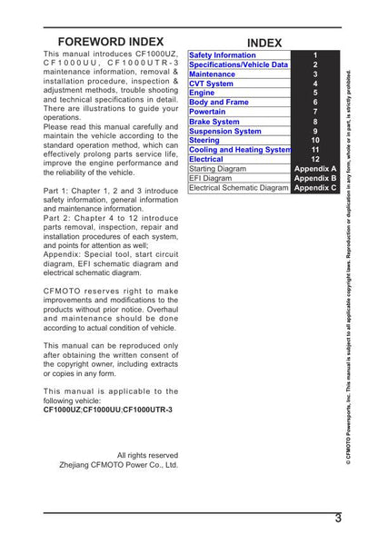 CFMOTO UFORCE 1000 Service Repair Manual table of contents
