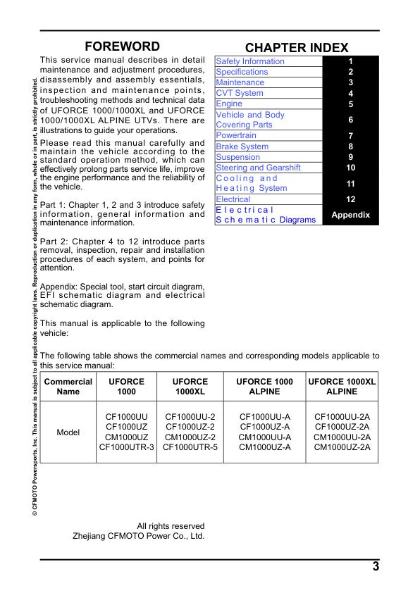 CFMOTO UFORCE U10 1000XL Alpine Service Repair Manual table of contents