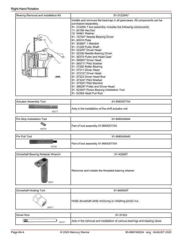 Mercury 150 SeaPro Pro XS FourStroke Outboard Service Manual sample page with service data and tables