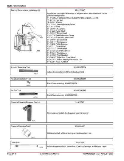 Mercury 150 SeaPro Pro XS FourStroke Outboard Service Manual sample page with service data and tables
