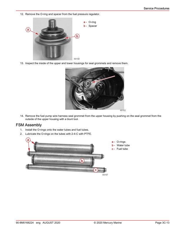 Mercury 150 SeaPro Pro XS FourStroke Outboard Service Manual sample page with diagrams and specifications