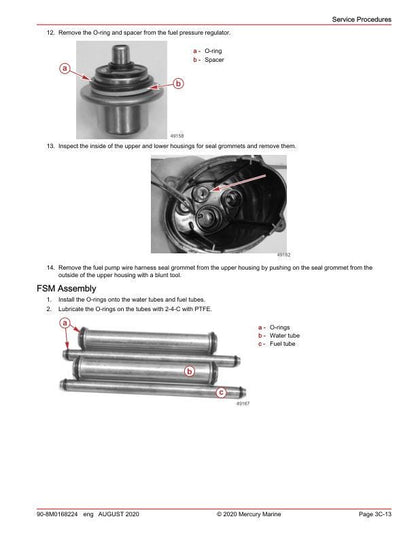 Mercury 150 SeaPro Pro XS FourStroke Outboard Service Manual sample page with diagrams and specifications