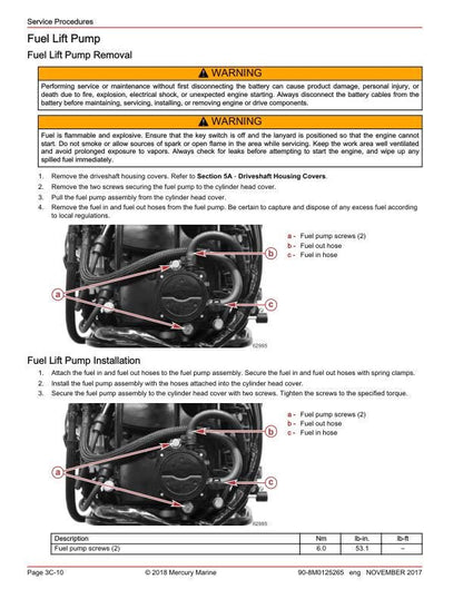 Mercury 15 20 EFI Outboard Service Manual sample page showing repair procedures