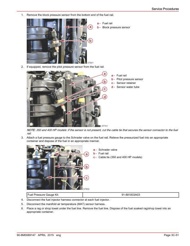 Mercury Verado 200 300 350 400R Outboard Service Manual sample page showing repair procedures