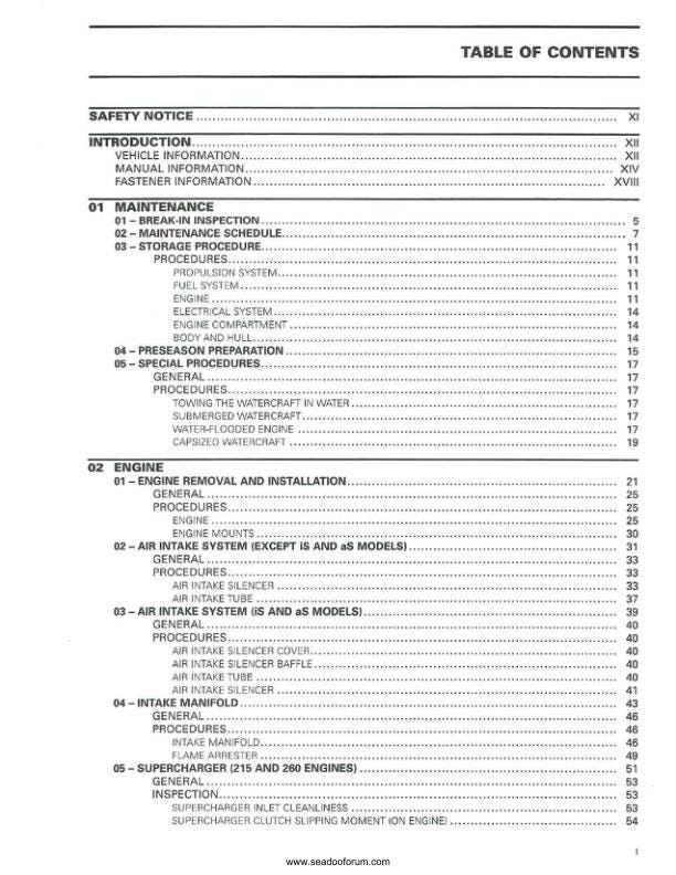 Sea-Doo GTS GTI RXT GTX Wake Service Manual table of contents
