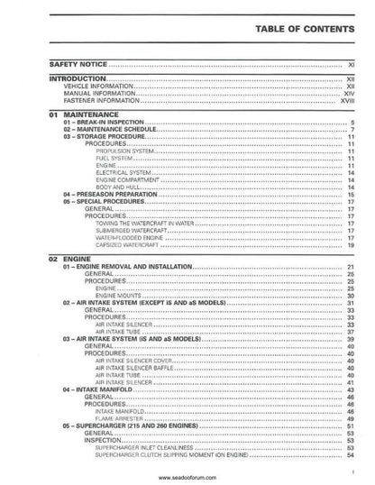 Sea-Doo GTS GTI RXT GTX Wake Service Manual table of contents