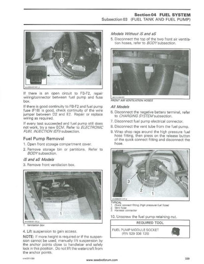 Sea-Doo GTS GTI RXT GTX Wake Service Manual sample page with technical illustrations