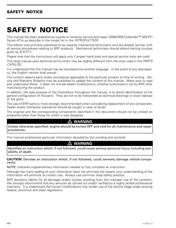 Can Am Outlander 400 EFI Service Manual factory service manual title page