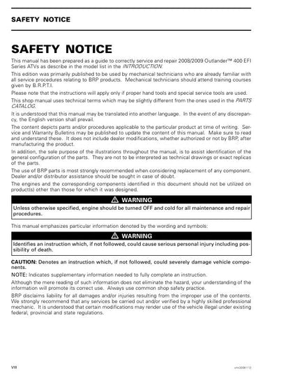 Can Am Outlander 400 EFI Service Manual factory service manual title page