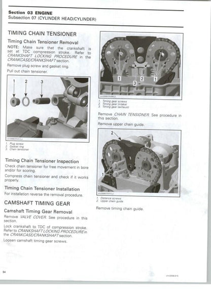 Can Am DS 450 450X Service Manual sample page with diagrams and specifications