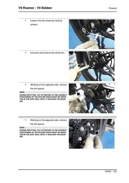 Moto Guzzi V9 Roamer Motorcycle Service Manual sample page with technical illustrations